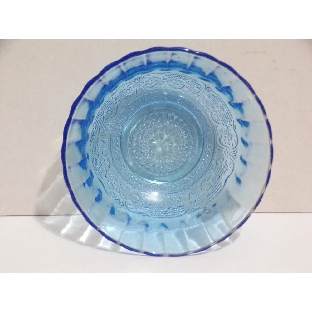 Vintage Blue Pressed Glass Bowl Ribbed Fluted Edges Embossed Star 6 3/4